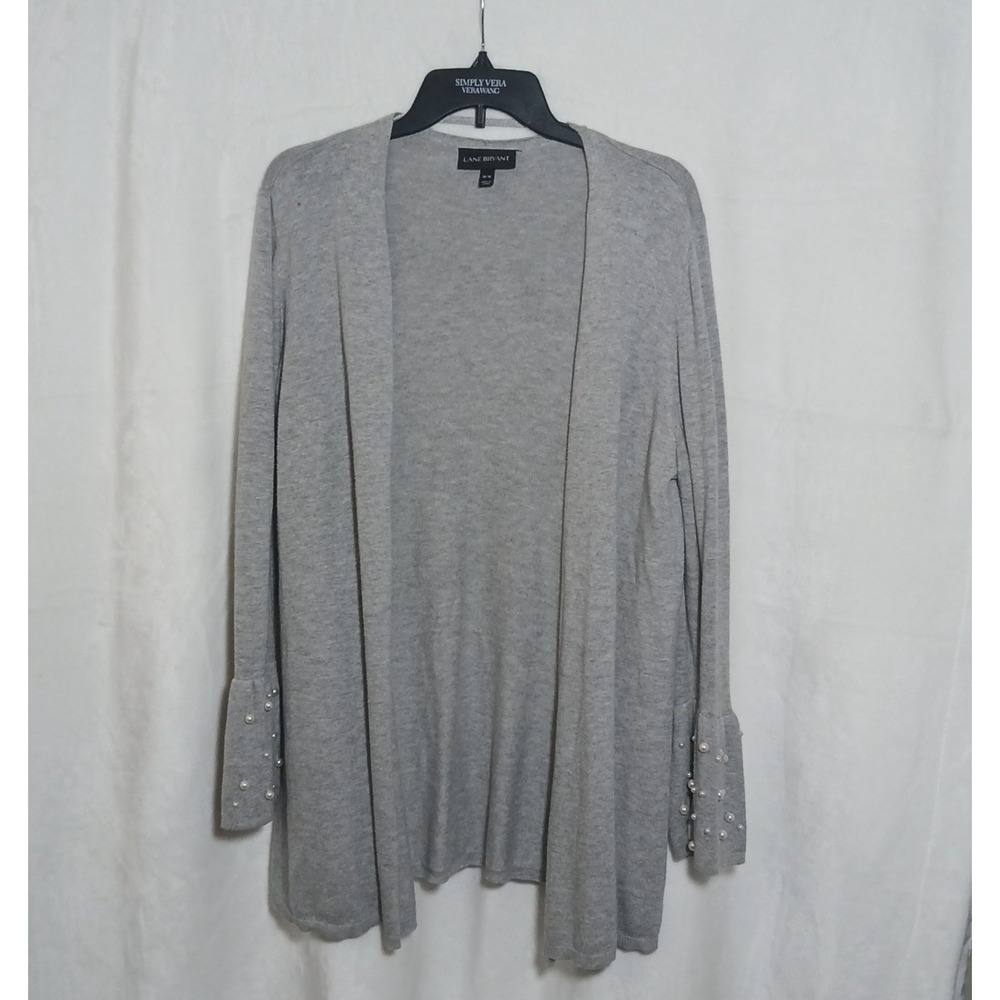 Lane Bryant Wmn's Cardigan Sweater, Gray, Bell Sleeves, Faux Pearl Accents 14/16
